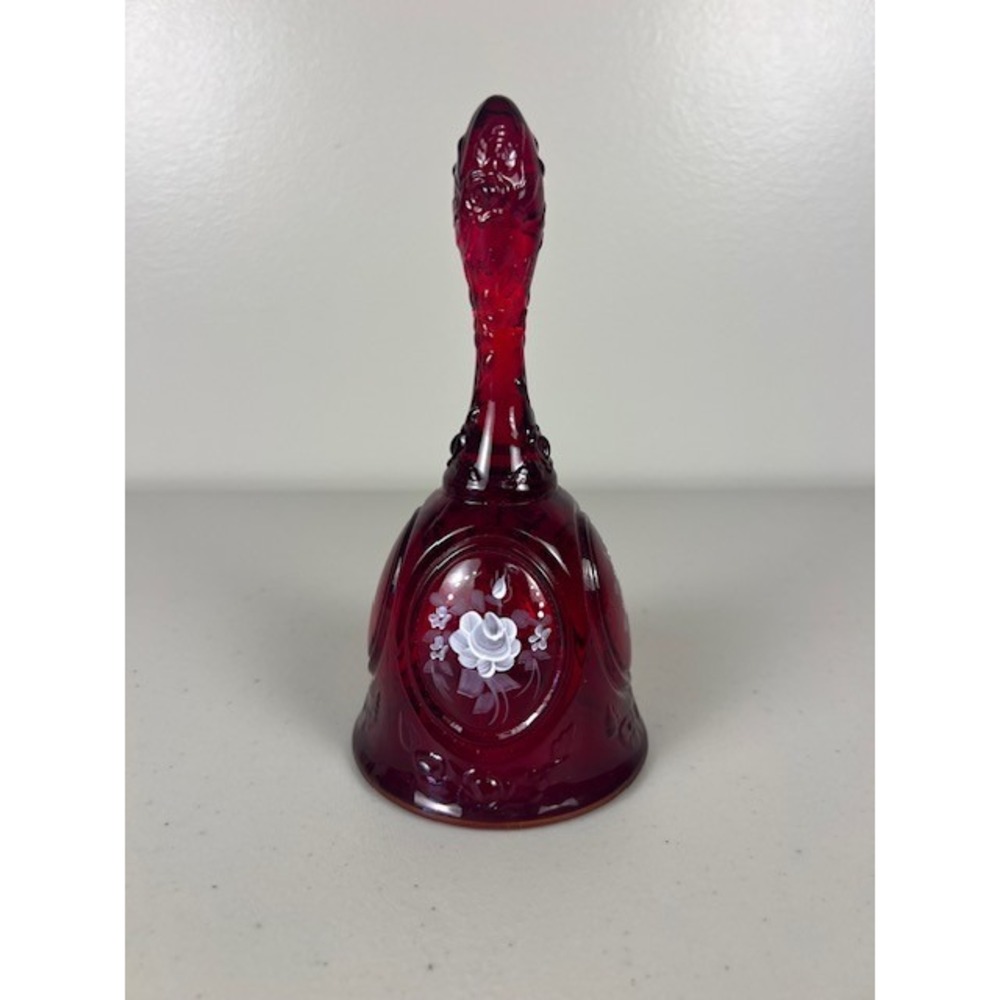 Fenton Ruby Red Amberina Glass Bell Hand Painted Signed Betsy W. Rose 7"